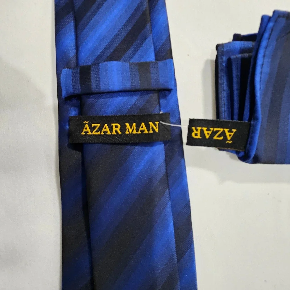 Azar Man Mens Blue Black Diagonal Striped Necktie and Pocket Square Set
